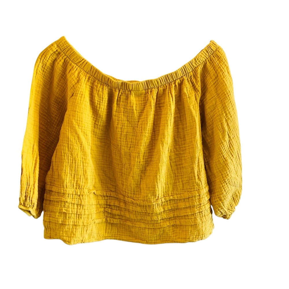 Evereve Roan + Ryan Yellow off Shoulder Top Mira Pleated Blouse Gold Small - Picture 2 of 4